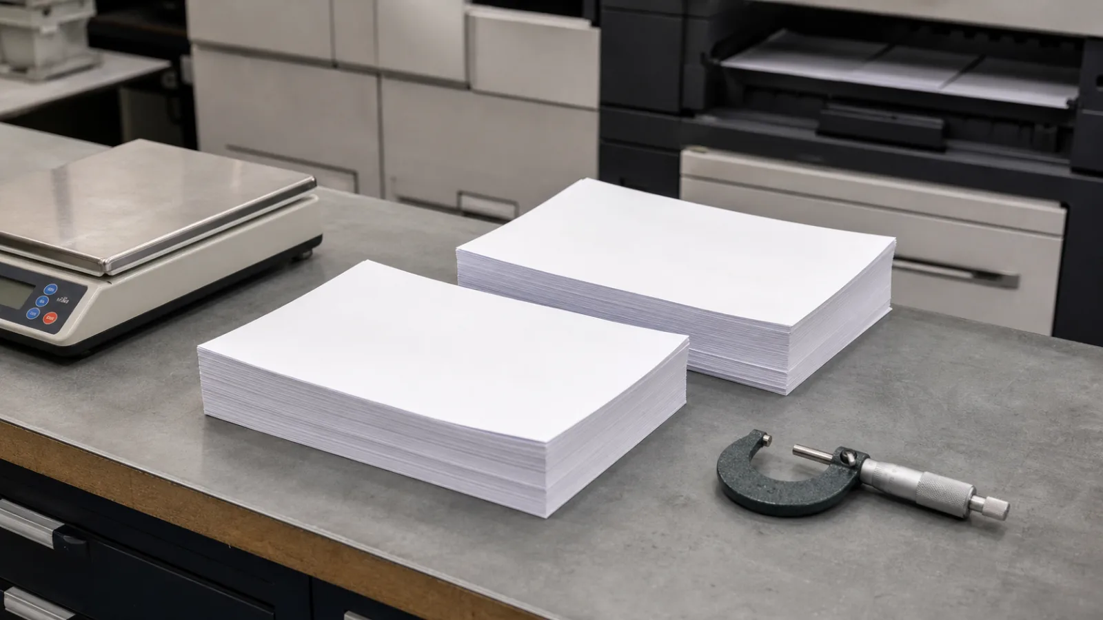 Two stacks of lightweight office paper beside a micrometer and production printer