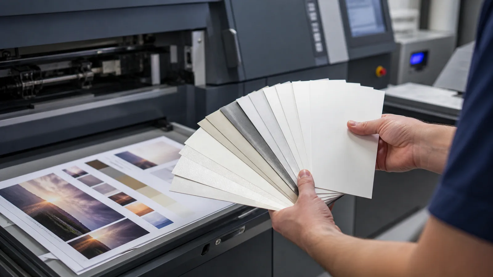 Print technician comparing paper swatches beside a production digital press