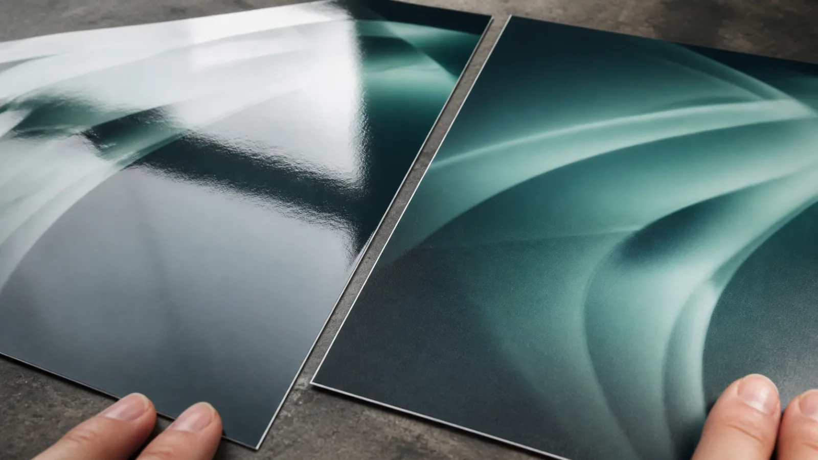 Glossy and matte photographic prints side by side under soft directional light