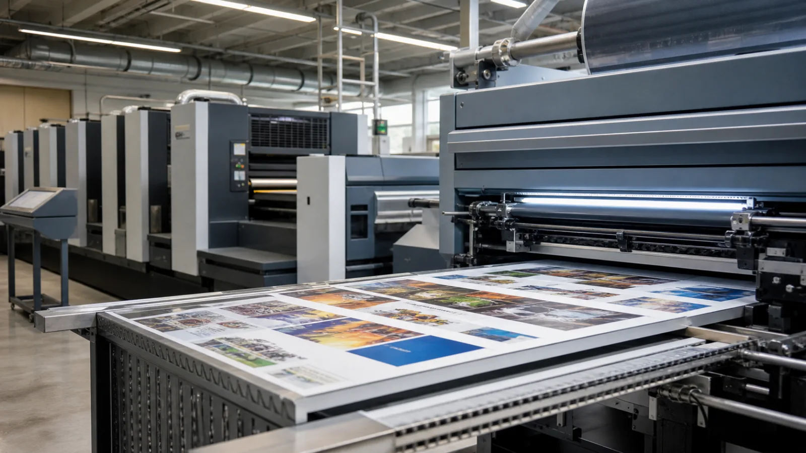 Colour sheets emerging from a production digital press in a commercial print facility