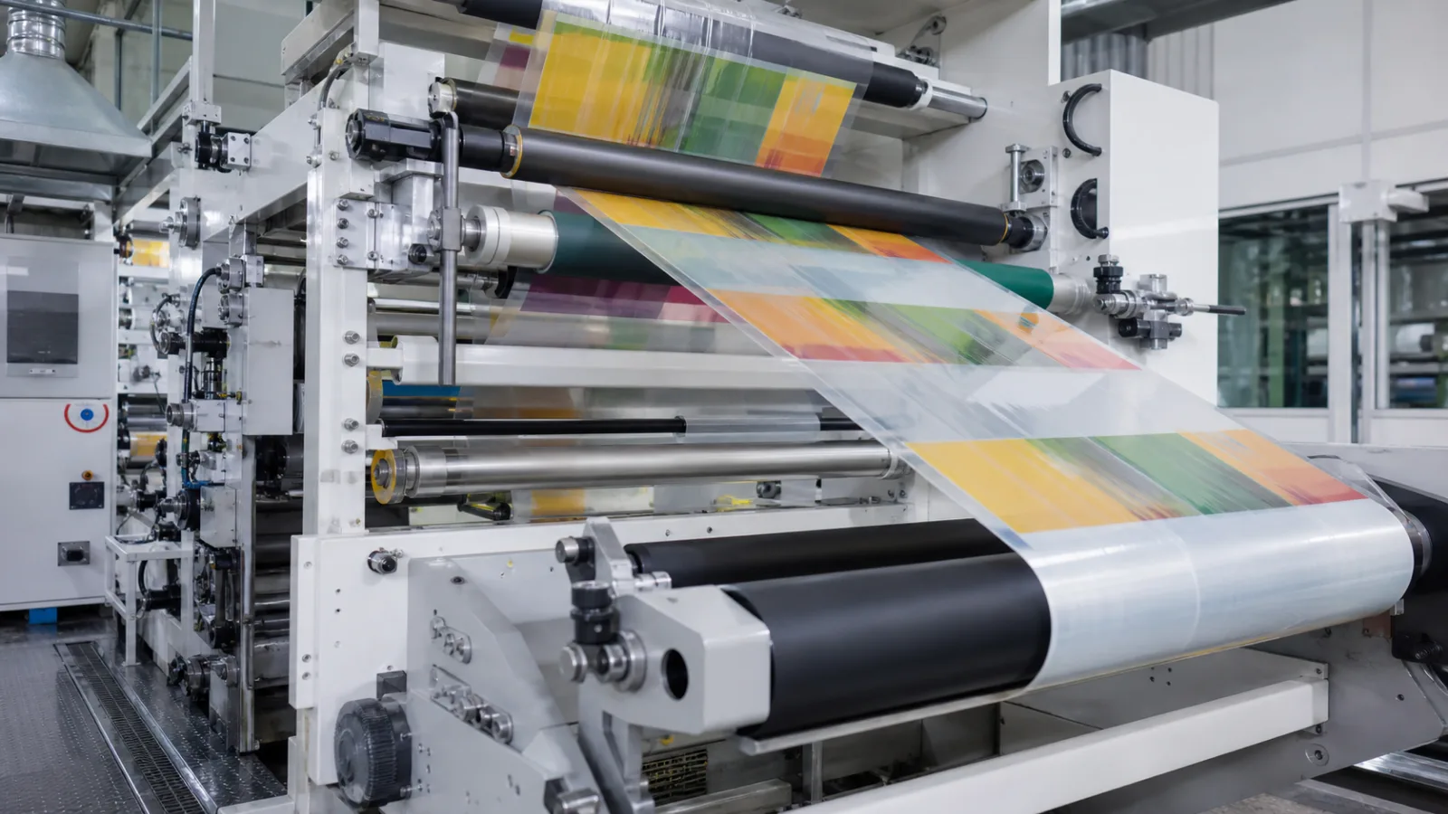 Printed transparent film web moving through rollers on a flexible packaging line