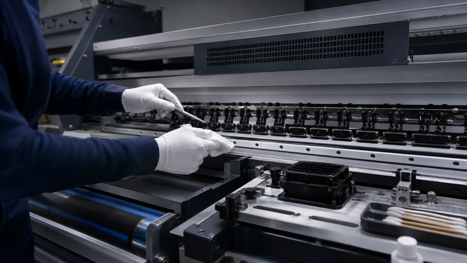 Gloved technician inspecting the printhead and web path of a production inkjet press