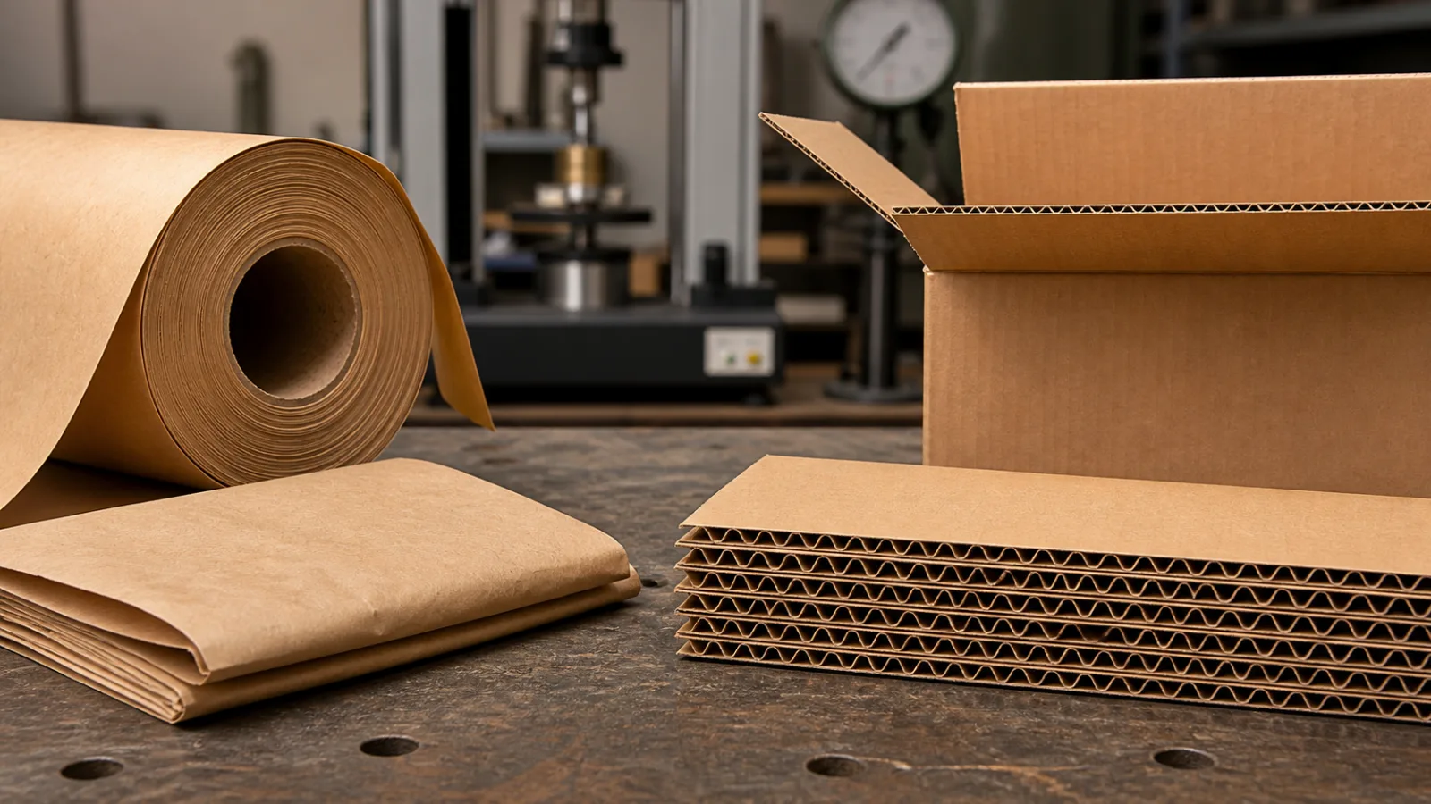 Roll and folded sheet of brown kraft paper beside corrugated board with exposed flute structure