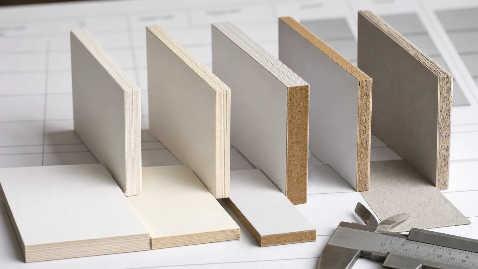 Paperboard grade swatches showing white, kraft and recycled fibre layers beside a caliper gauge