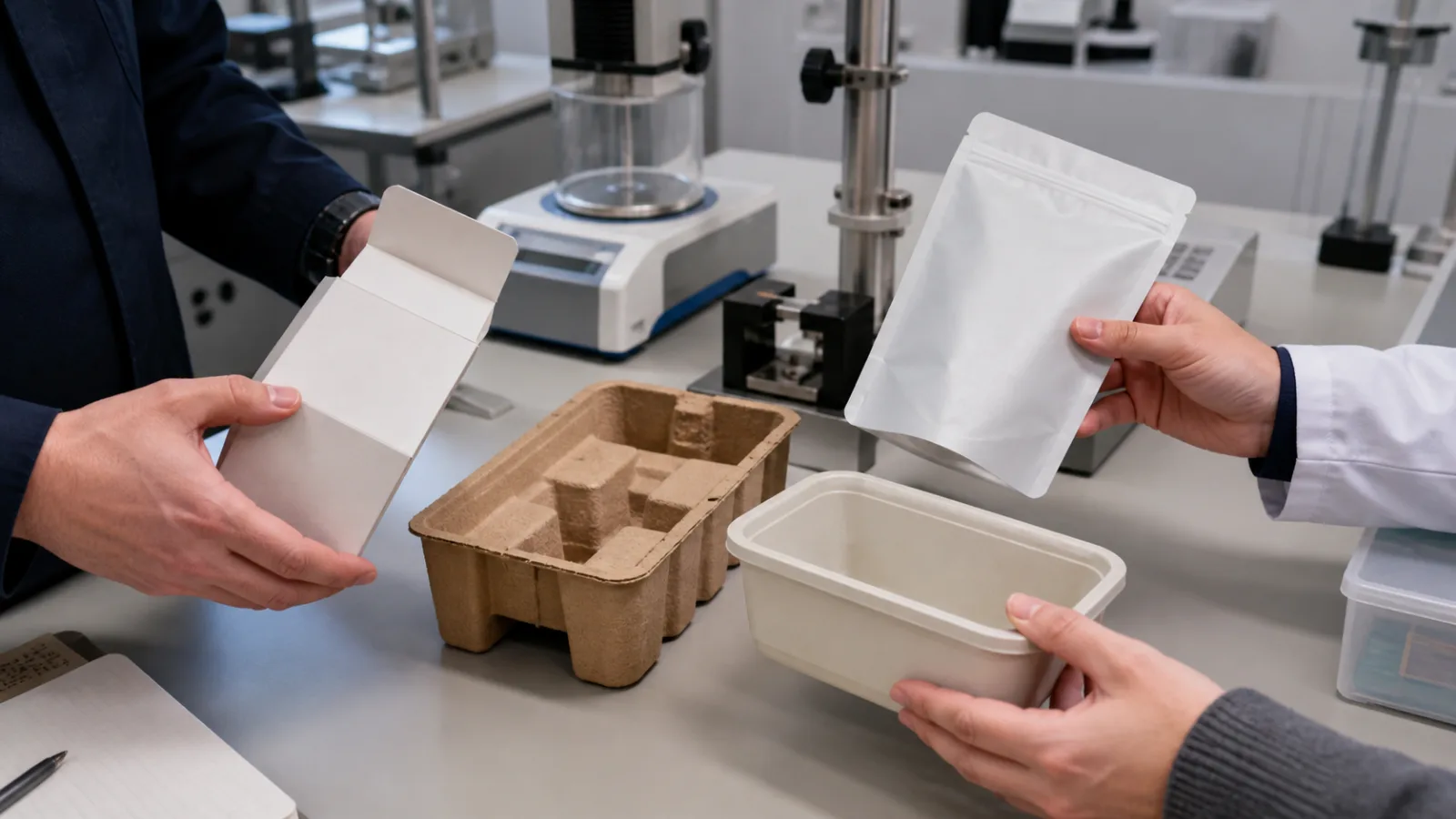 Packaging specialists comparing paperboard, moulded fibre, flexible film and reusable containers in a materials laboratory