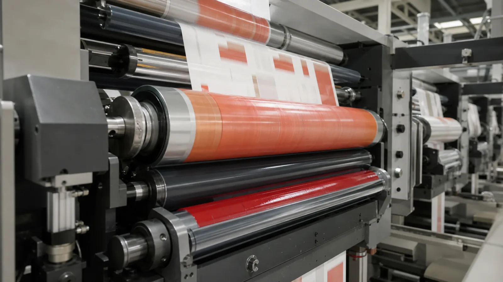 Anilox roll, plate cylinder and printed web inside a flexographic press