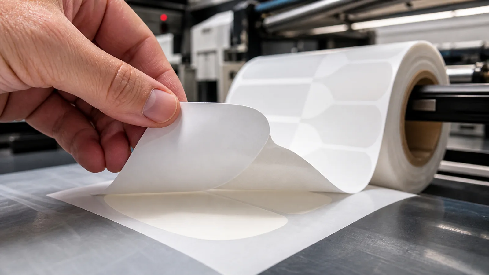 Pressure-sensitive label peeling from smooth glassine release liner beside a converting roll