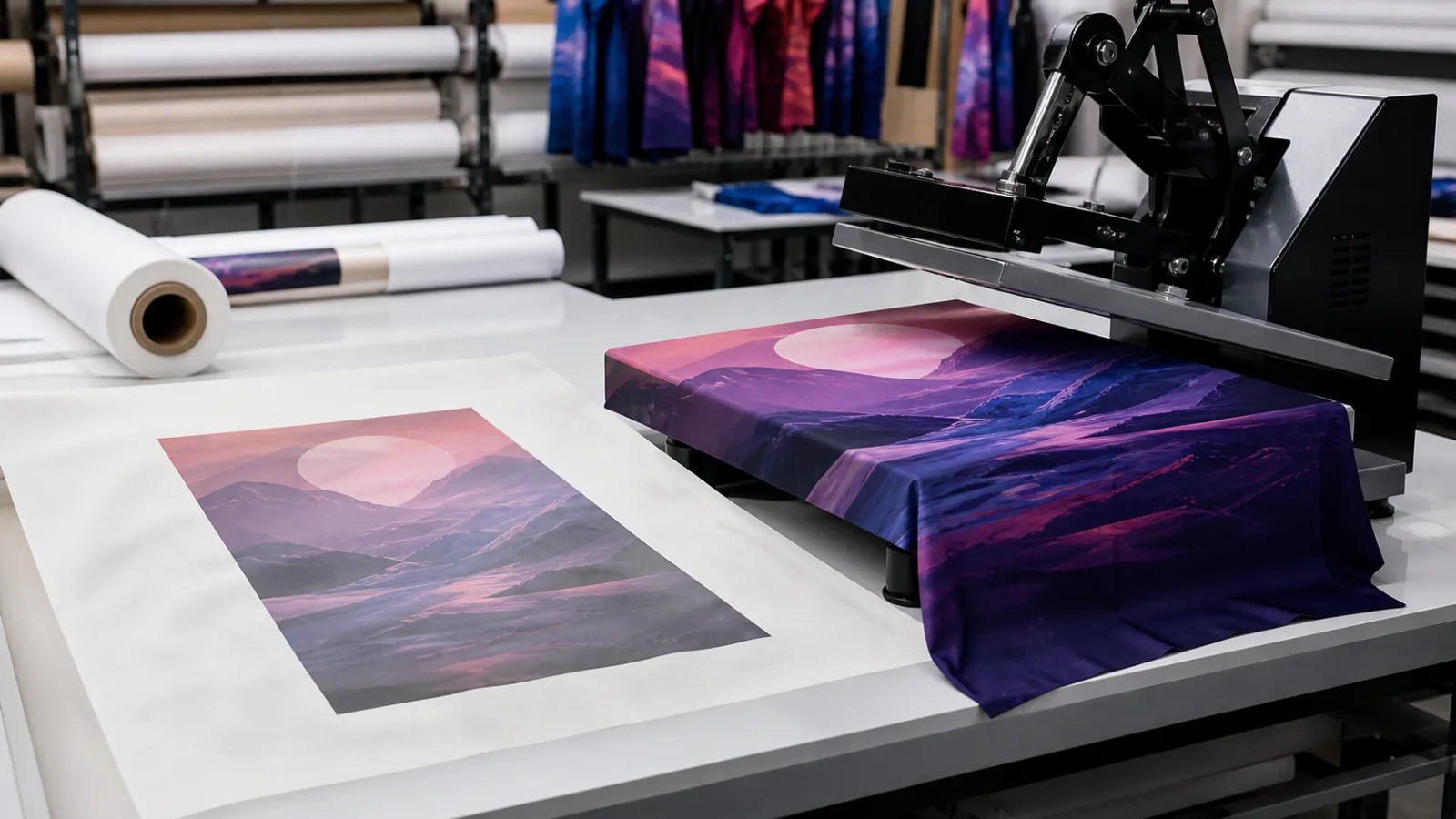 Printed dye-sublimation transfer paper beside a heat press and finished polyester fabric